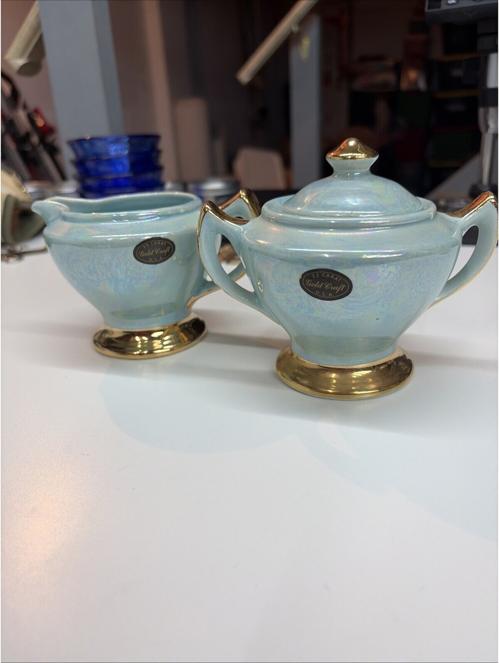 GC USA Warranted 22 KT GOLD Lusterware Light Blue Creamer & Covered Sugar